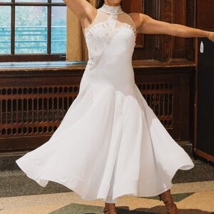 White and Gold Ballroom Gown with Rhinestones